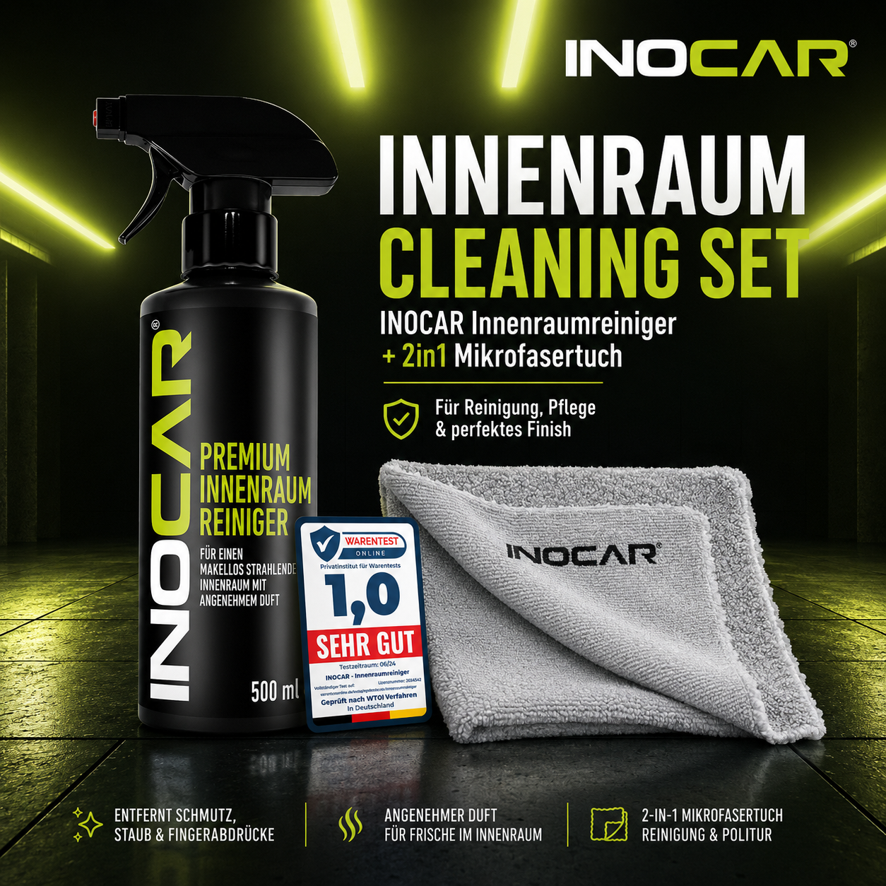 INOCAR Duo-Set: Premium Innenraumreiniger 500ml und 2-in-1 Mikrofasertuch