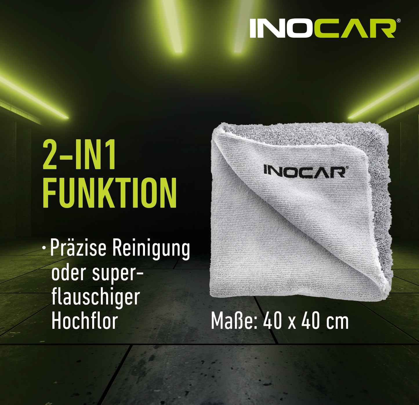 INOCAR 2in1 Mikrofasertuch aufgefaltet, Maße 40x40cm, mit kurzflorigem und hochflorigem Bereich