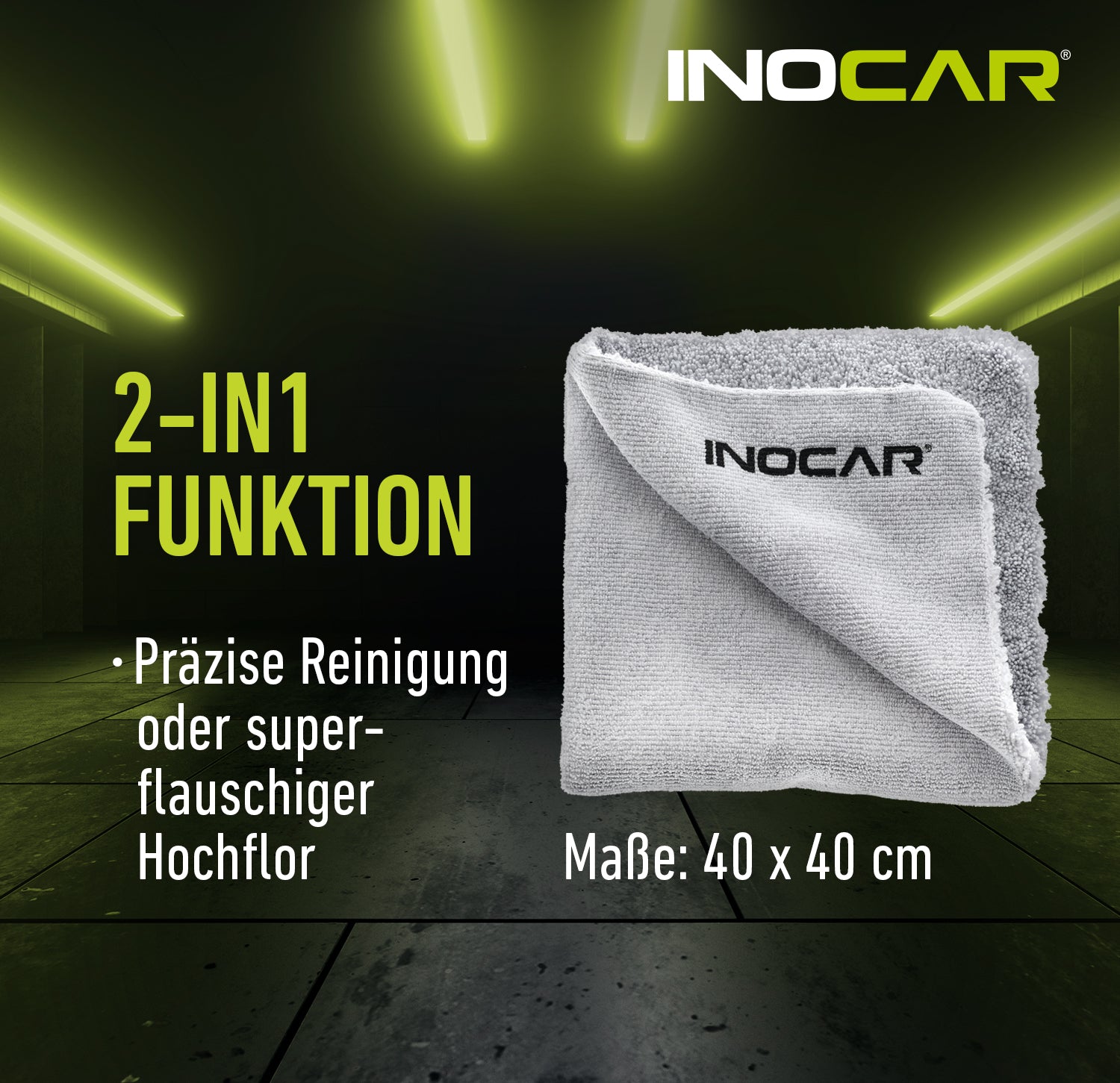 INOCAR 2in1 Mikrofasertuch aufgefaltet, Maße 40x40cm, mit kurzflorigem und hochflorigem Bereich