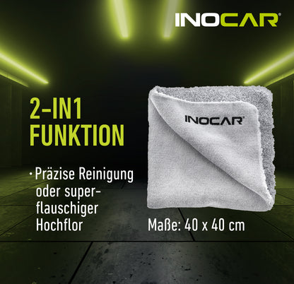 INOCAR 2in1 Mikrofasertuch aufgefaltet, Maße 40x40cm, mit kurzflorigem und hochflorigem Bereich