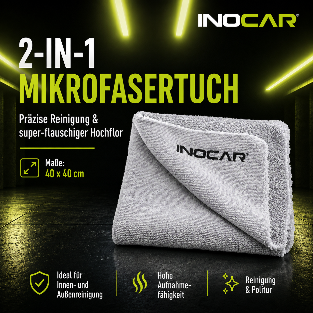 INOCAR 2-in-1 Mikrofasertuch – Produktgrafik mit Maßen 40x40cm
