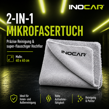 INOCAR 2-in-1 Mikrofasertuch – Produktgrafik mit Maßen 40x40cm