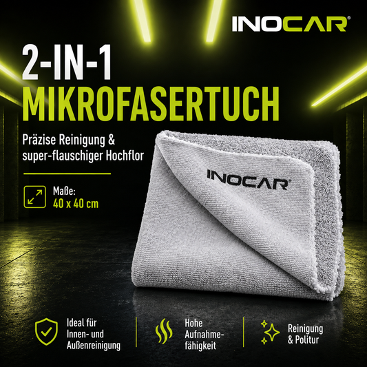 INOCAR 2-in-1 Mikrofasertuch – Produktgrafik mit Maßen 40x40cm