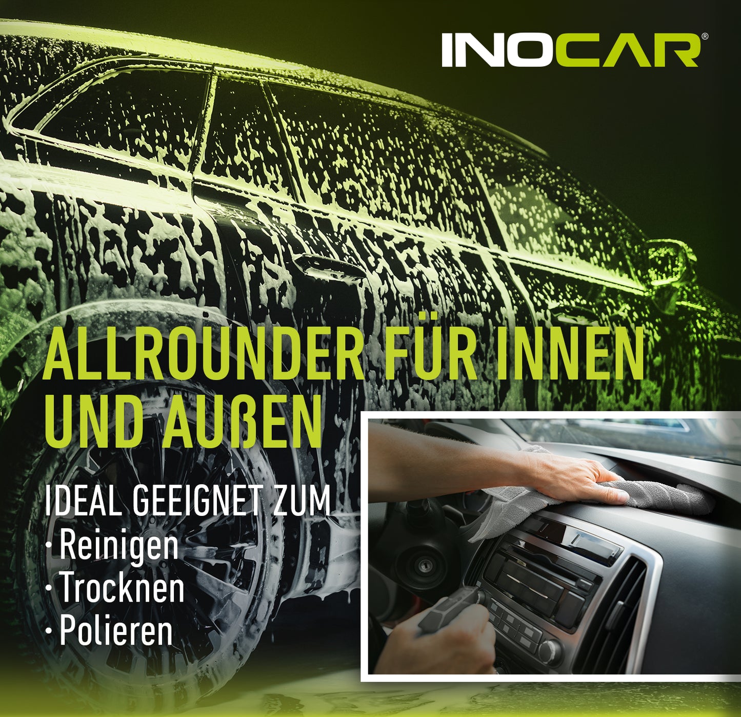 INOCAR Mikrofasertuch – Allrounder für Innen- und Außenreinigung, Anwendung am Armaturenbrett