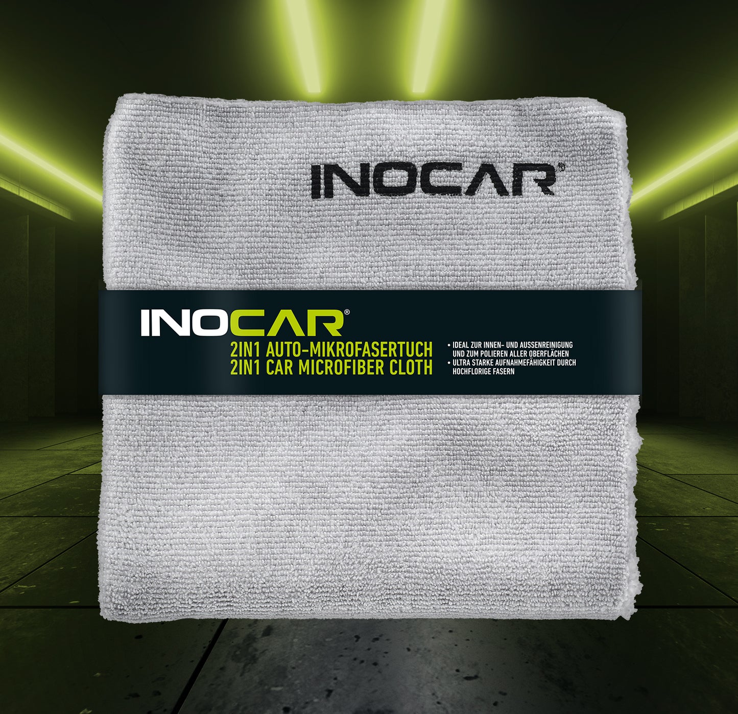 INOCAR 2in1 Auto-Mikrofasertuch im dramatischen Neonlicht-Setting